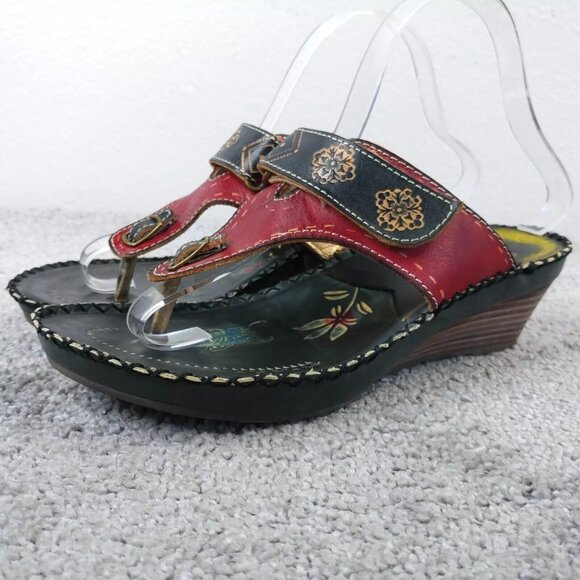 Corkys Elite Sandals Womens 8 Shoes Wolff Island Leather Thong Black Red - Picture 1 of 10